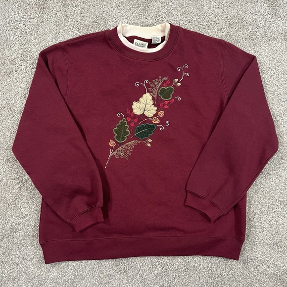 Classic Elements Sweatshirt Womens M Floral Embroidered Fall Leaves Cozy Holiday - Picture 1 of 8
